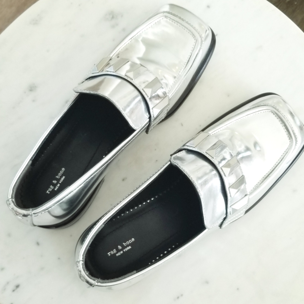 Rag & bone Silver Maxwell Loafers Flats NWT Studded Shiny Leather Casual Grunge - Picture 4 of 14